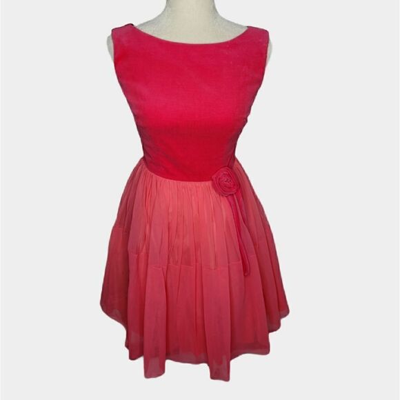 VINTAGE 60s pink dress Betty Lane velvet sleeveless‎ rose applique XS/S - Picture 1 of 16